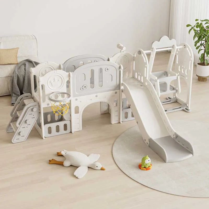 Children's adventure play center 11 in 1 with a slide, climbing frame, swing, and basketball hoop - grey.