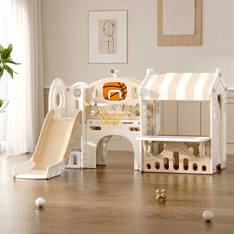Children's play center with a slide, house, and basketball hoop, brown