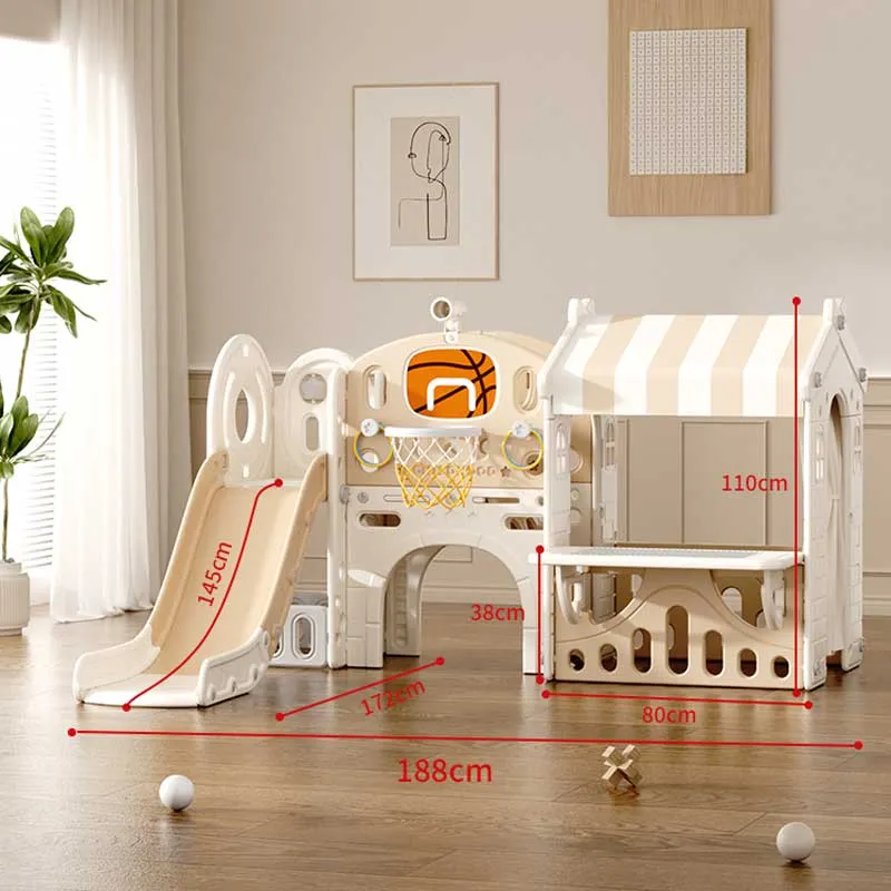 Children's play center with a slide, house, and basketball hoop, brown