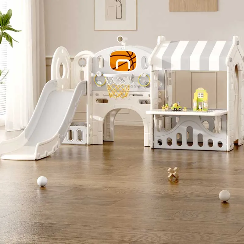 Children's play center with slide, house, and basketball hoop, gray