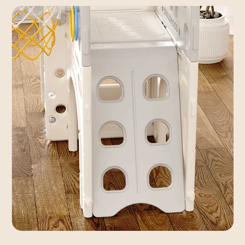 Children's play center with slide, house, and basketball hoop, gray