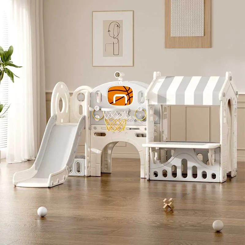 Children's play center with slide, house, and basketball hoop, gray