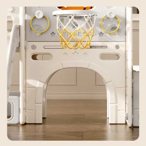 Children's play center with slide, house, and basketball hoop, gray
