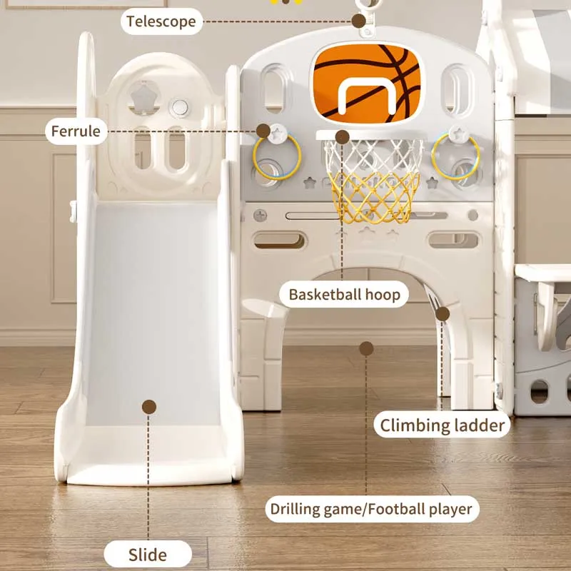 Children's play center with slide, house, and basketball hoop, gray