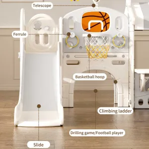 Children's play center with slide, house, and basketball hoop, gray