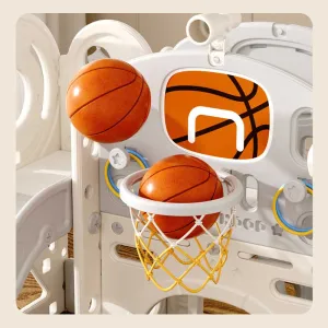 Children's play center with slide, house, and basketball hoop, gray