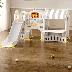 Children's play center with slide, house, and basketball hoop, gray