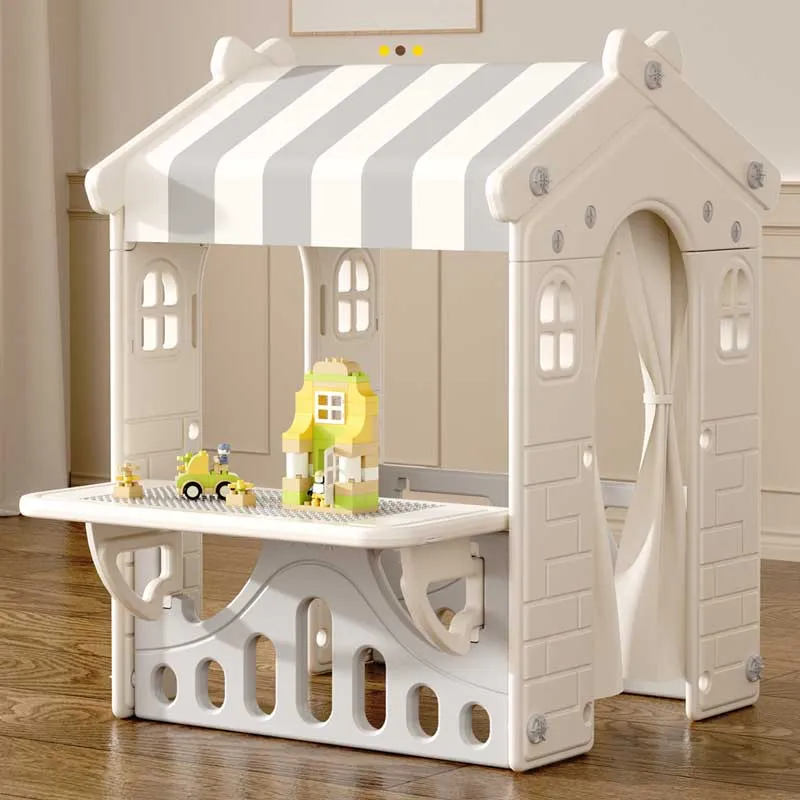 Children's play center with slide, house, and basketball hoop, gray