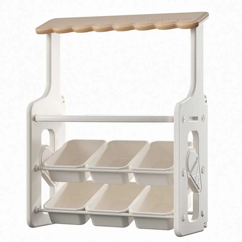 Multifunctional children's play stand for role-playing games with a tabletop and movable storage boxes, brown