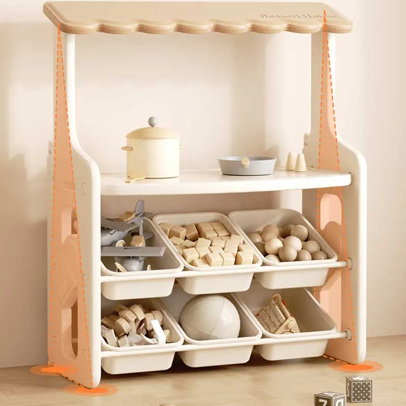 Multifunctional children's play stand for role-playing games with a tabletop and movable storage boxes, brown