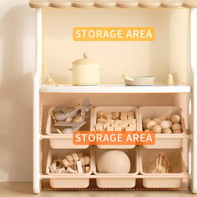 Multifunctional children's play stand for role-playing games with a tabletop and movable storage boxes, brown