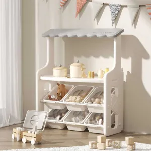 Многофункционален детски щанд за ролеви игри с плот и подвижни кутии за съхранение, сив