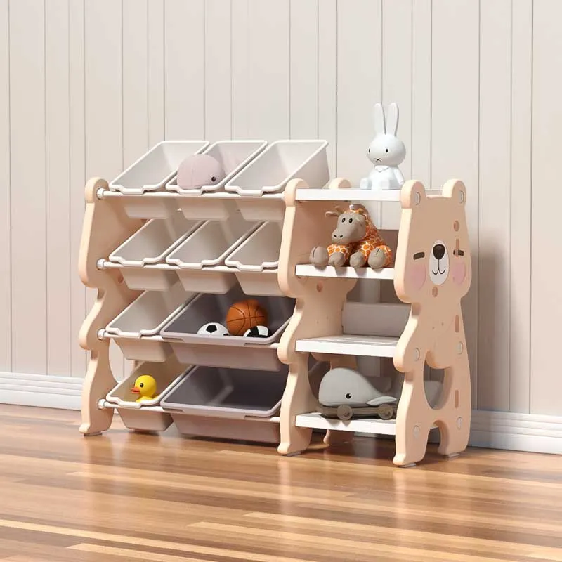 Multifunctional toy organizer with storage boxes - pink bear