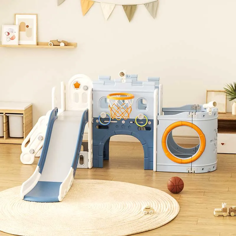 Мултифункционален детски център Кораб с пързалка, тунел и баскетболен кош - син
