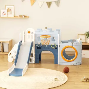Мултифункционален детски център Кораб с пързалка, тунел и баскетболен кош - син