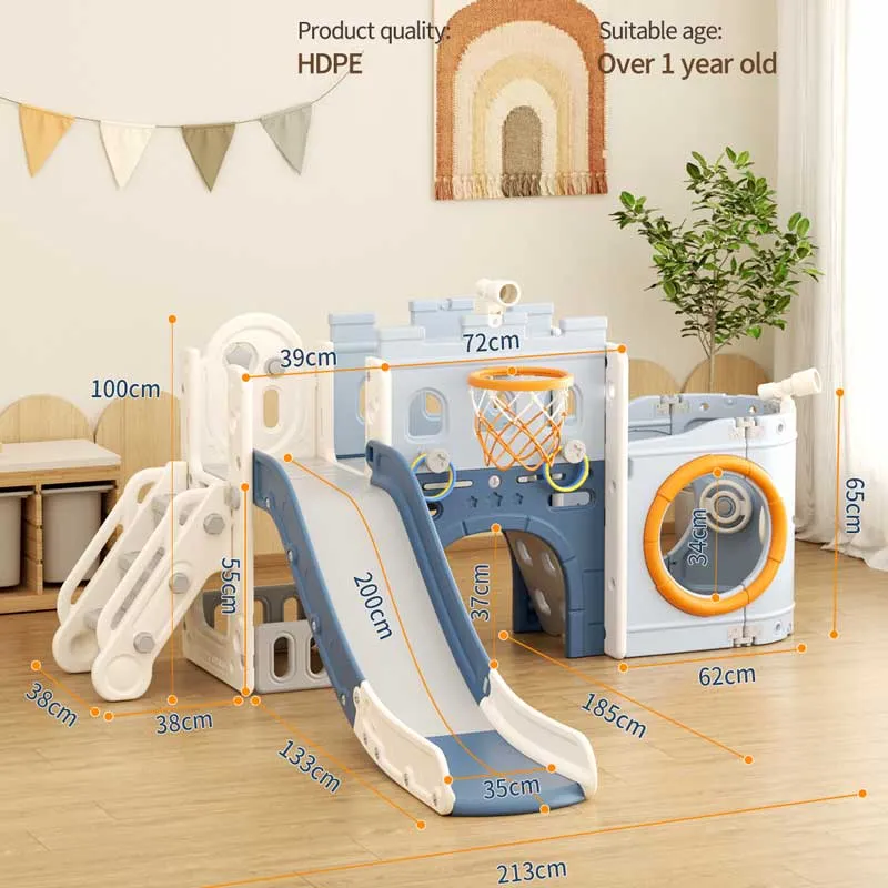 Мултифункционален детски център Кораб с пързалка, тунел и баскетболен кош - син