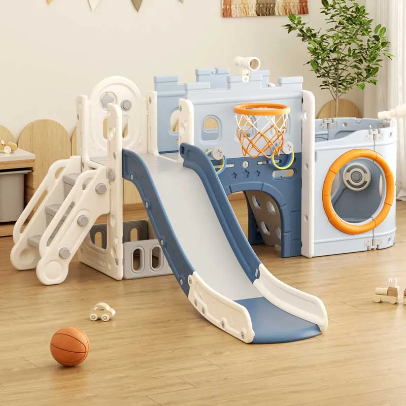 Мултифункционален детски център Кораб с пързалка, тунел и баскетболен кош - син