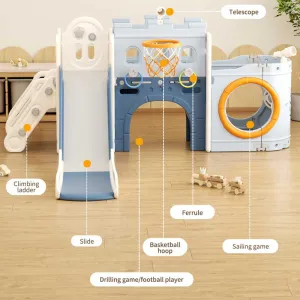 Мултифункционален детски център Кораб с пързалка, тунел и баскетболен кош - син