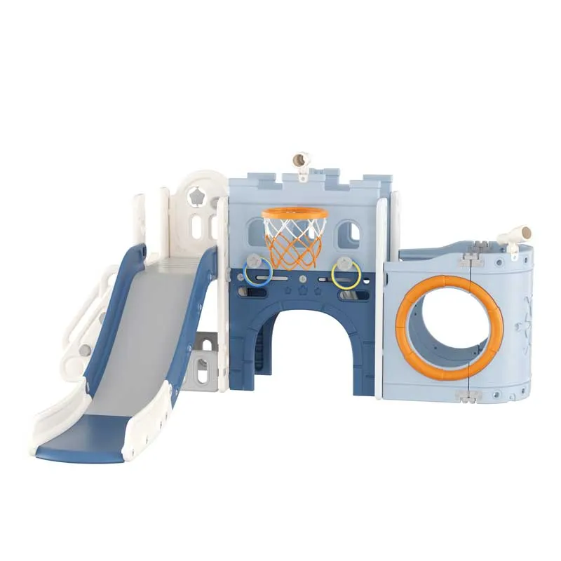Мултифункционален детски център Кораб с пързалка, тунел и баскетболен кош - син