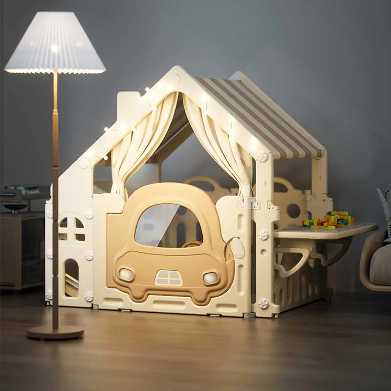 Пластмасова детска къщичка за игра с маса за конструктори – кафява