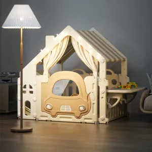 Пластмасова детска къщичка за игра с маса за конструктори – кафява