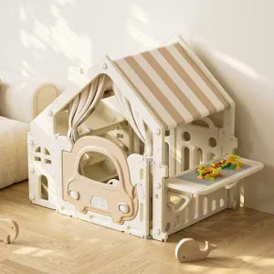 Пластмасова детска къщичка за игра с маса за конструктори – кафява