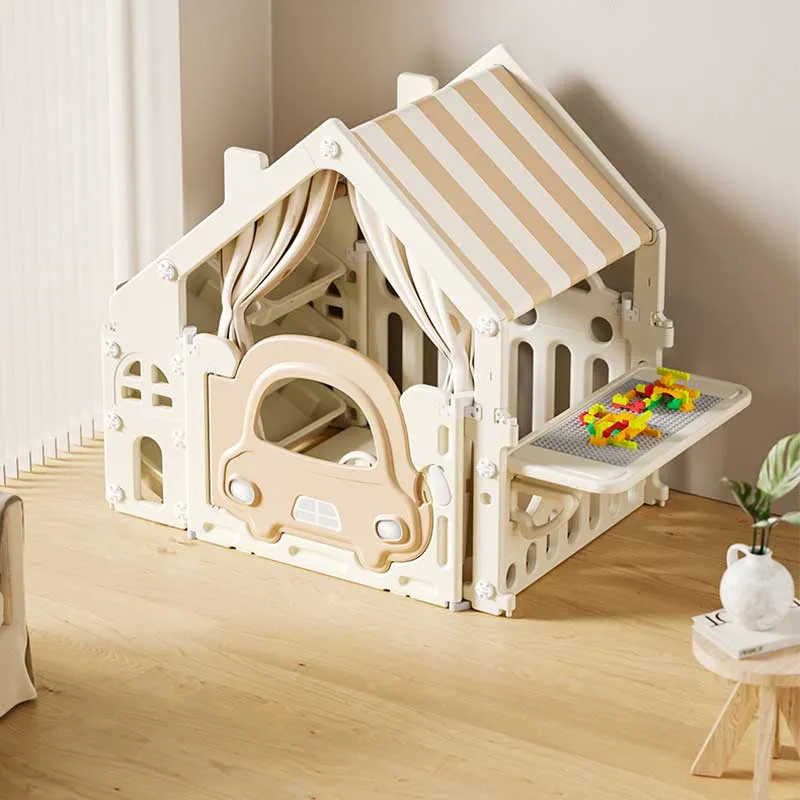 Пластмасова детска къщичка за игра с маса за конструктори – кафява