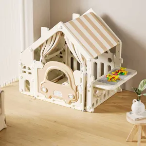 Пластмасова детска къщичка за игра с маса за конструктори – кафява