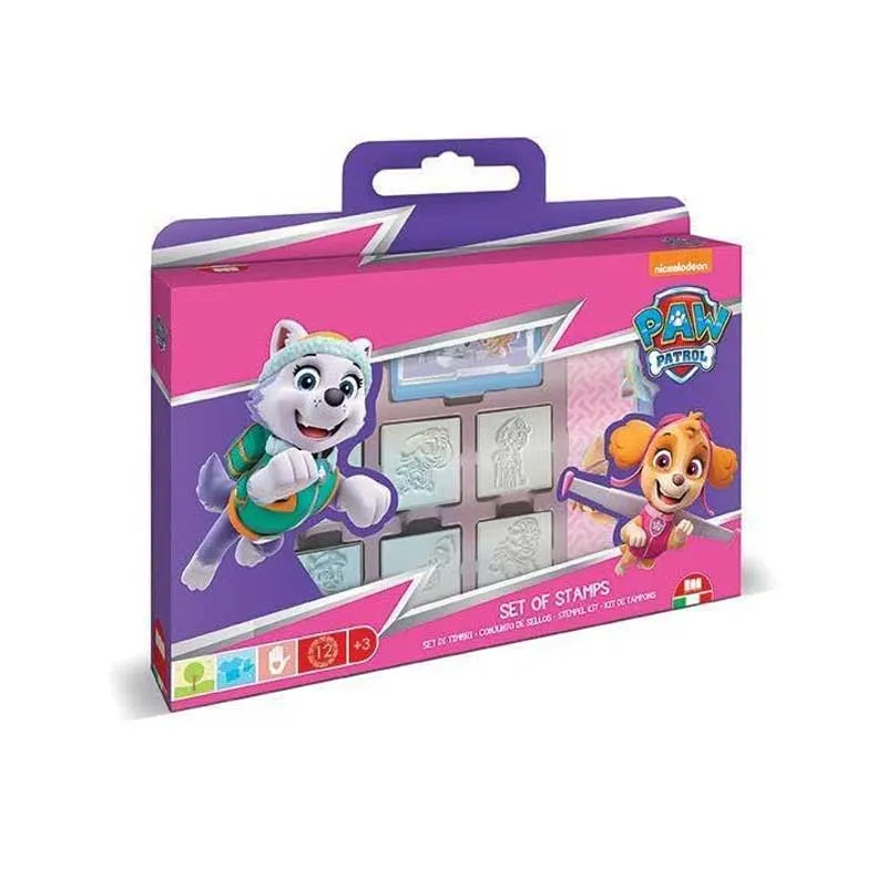 Paw Patrol Girl creative set with 7 stamps, 3 markers, and a sketchbook for drawings.