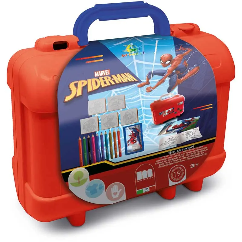 Spiderman art case with 10 colored pencils, 5 stamps, and puzzle stickers for decoration.