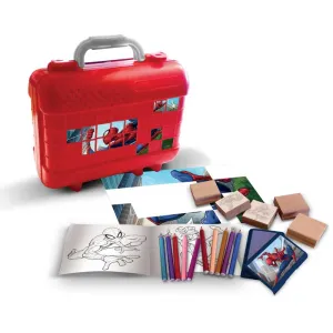 Spiderman art case with 10 colored pencils, 5 stamps, and puzzle stickers for decoration.