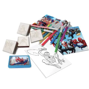Spiderman creative backpack with 10 washable markers, 4 stamps, and 30 stickers.