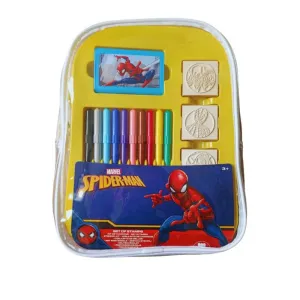Spiderman creative backpack with 10 washable markers, 4 stamps, and 30 stickers.