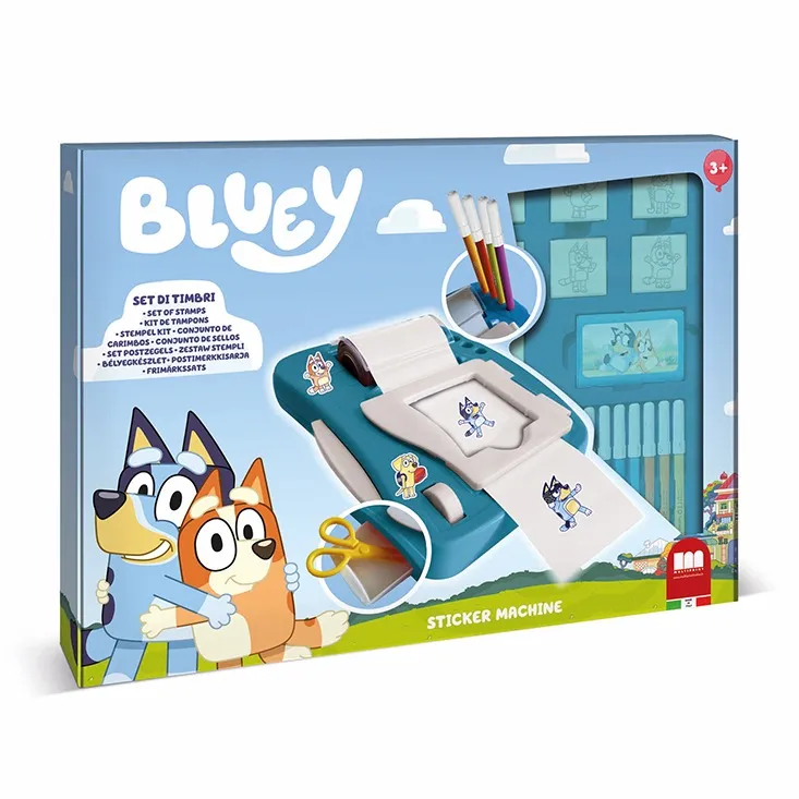 Комплект за създаване на стикери Bluey с 12 флумастера, 50 стикера, 7 печата и книжка за оцветяване